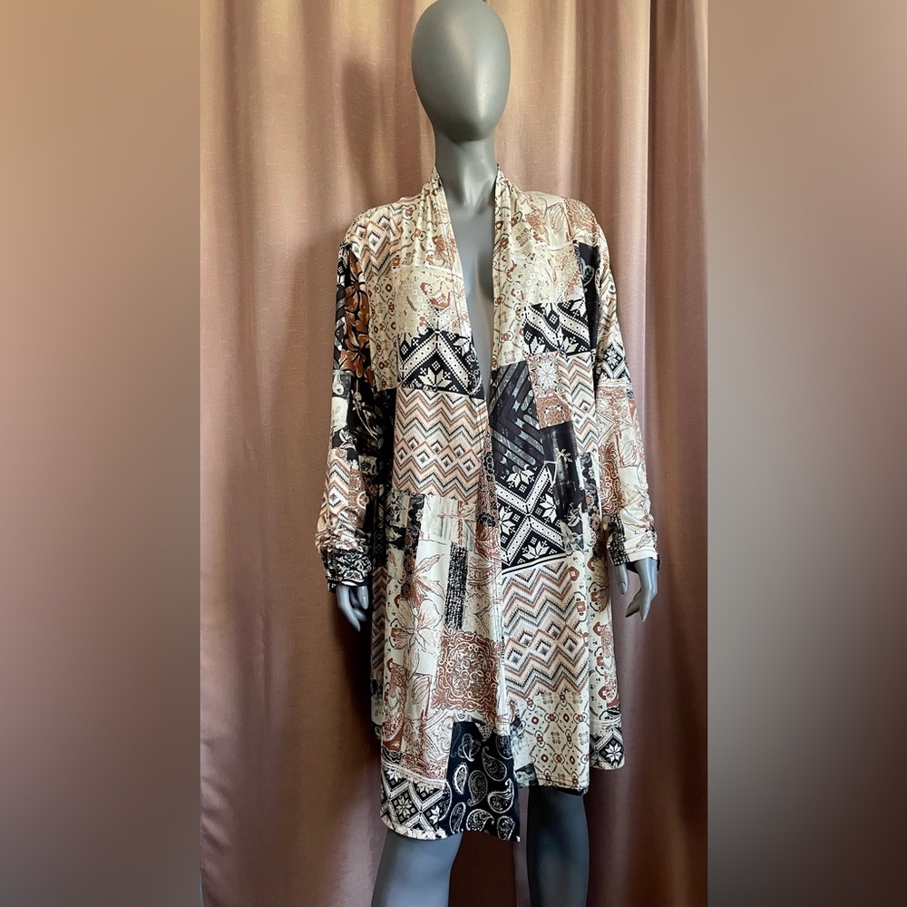 Lily by Firmiana XL Patchwork Open Front Lightweight Neutral Color Cardigan GUC